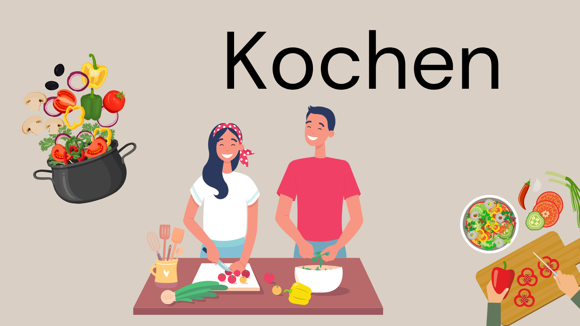 Man sieht in großen Buchstaben das Wort "Kochen".  Zwei Personen, die Gemüse schneiden. Ein Kochtopf, gefüllt mit Gemüse.